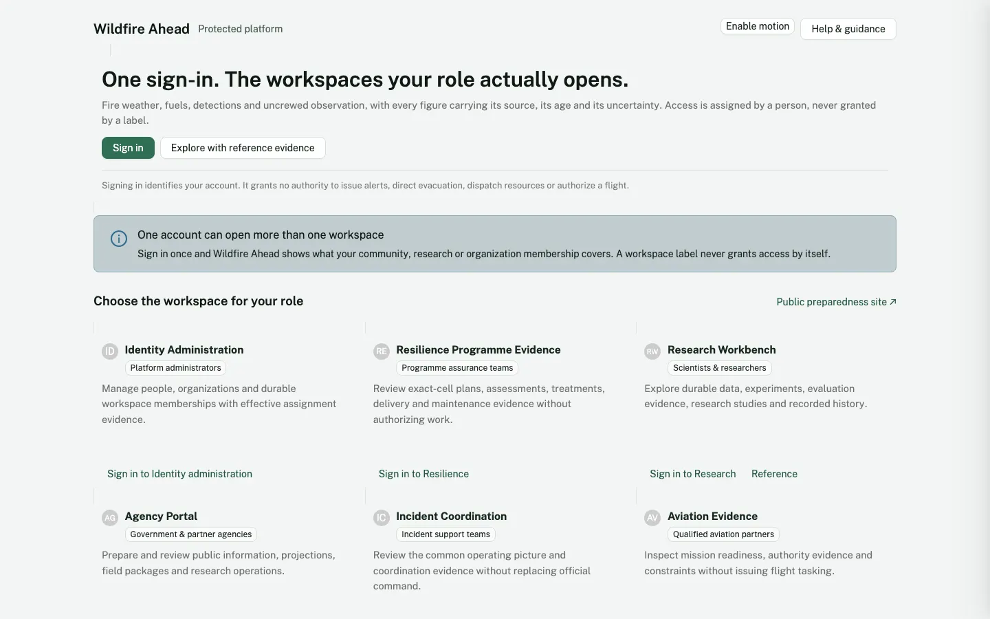 La passerelle des espaces de travail Wildfire Ahead, avec un bouton de connexion, une option pour explorer avec les données de référence et six espaces de travail classés par rôle.
