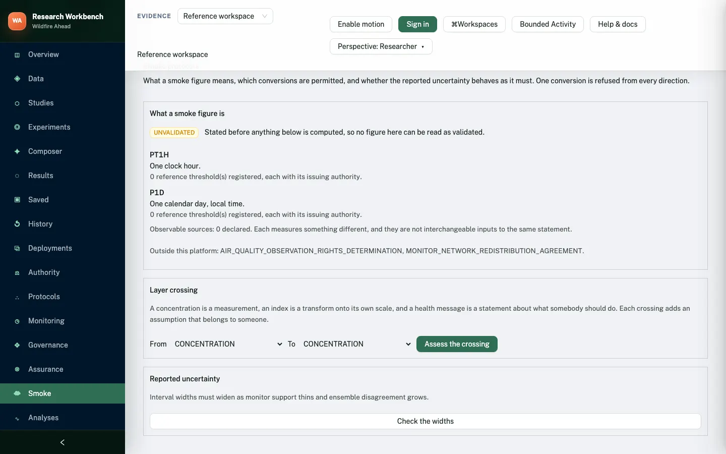 La page sur la fumée de l’Atelier de recherche en mode référence, marquée non validée, avec les bases temporelles, une vérification du passage d’une concentration à un indice et une vérification de l’incertitude déclarée.